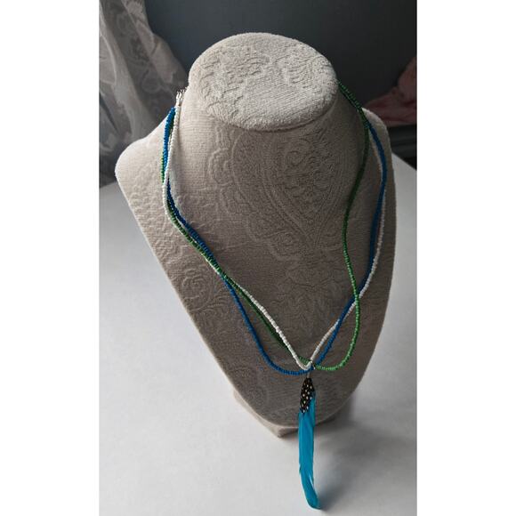 Boho Three Stranded Beaded Necklace with Feather Charm - Picture 3 of 7